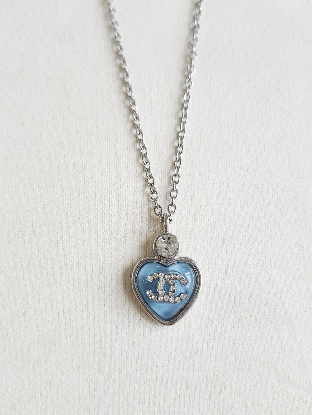Chanel CC Logo Blue Heart Pendant Necklace Silver Tone Crystal